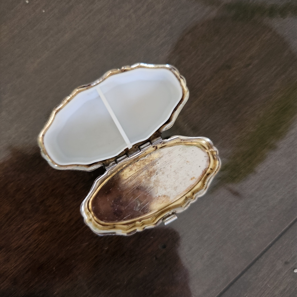 Vintage, Silver Oval Pill Box Or Earring Box For On The Go. Mother Of Pearl Top